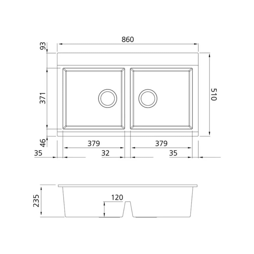 Oliveri Santorini Double Bowl Topmount Sink + Glass Top, 840x480mm, with Overflow, Black, ST-BL1566GT OF