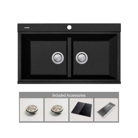 Oliveri Santorini Double Bowl Topmount Sink + Glass Top, 840x480mm, with Overflow, Black, ST-BL1566GT OF