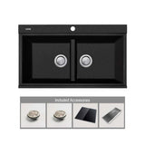 Oliveri Santorini Double Bowl Topmount Sink + Glass Top, 840x480mm, with Overflow, Black, ST-BL1566GT OF