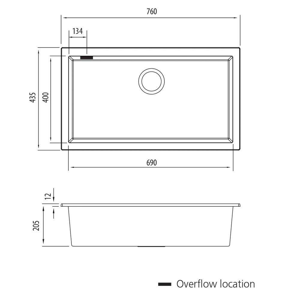 Oliveri Santorini Piccolo Mega Bowl Sink, Undermount, 688x398mm, with Overflow, Black, ST-BL1590U OF