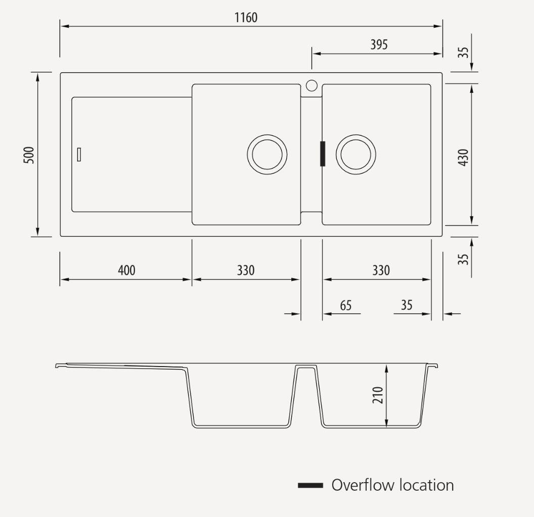 Oliveri Santorini Double Right Hand Bowl Sink with Drainer, Topmount, 1140x480mm, with Overflow, Matte Black, ST-MB1517 OF