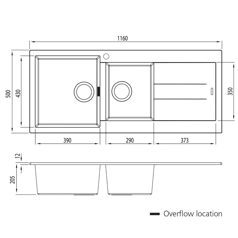 Oliveri Santorini 1 & 3/4 Left Hand Bowl Sink with Drainer, Topmount, 1140x480mm, with Overflow, Matte Black, ST-MB1511 OF