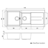 Oliveri Santorini Sink 1 & 3/4 Left Hand Bowl Sink with Drainer, Topmount, 1140x480mm, with Overflow, Black, ST-BL1511 OF