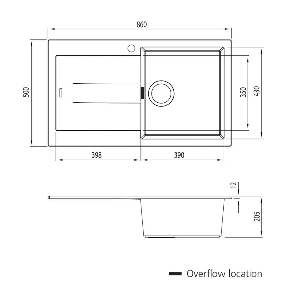 Oliveri Santorini Single Sink, Right Hand Bowl with Drainer, Topmount, 840x480mm, with Overflow, White, ST-WH1522 OF