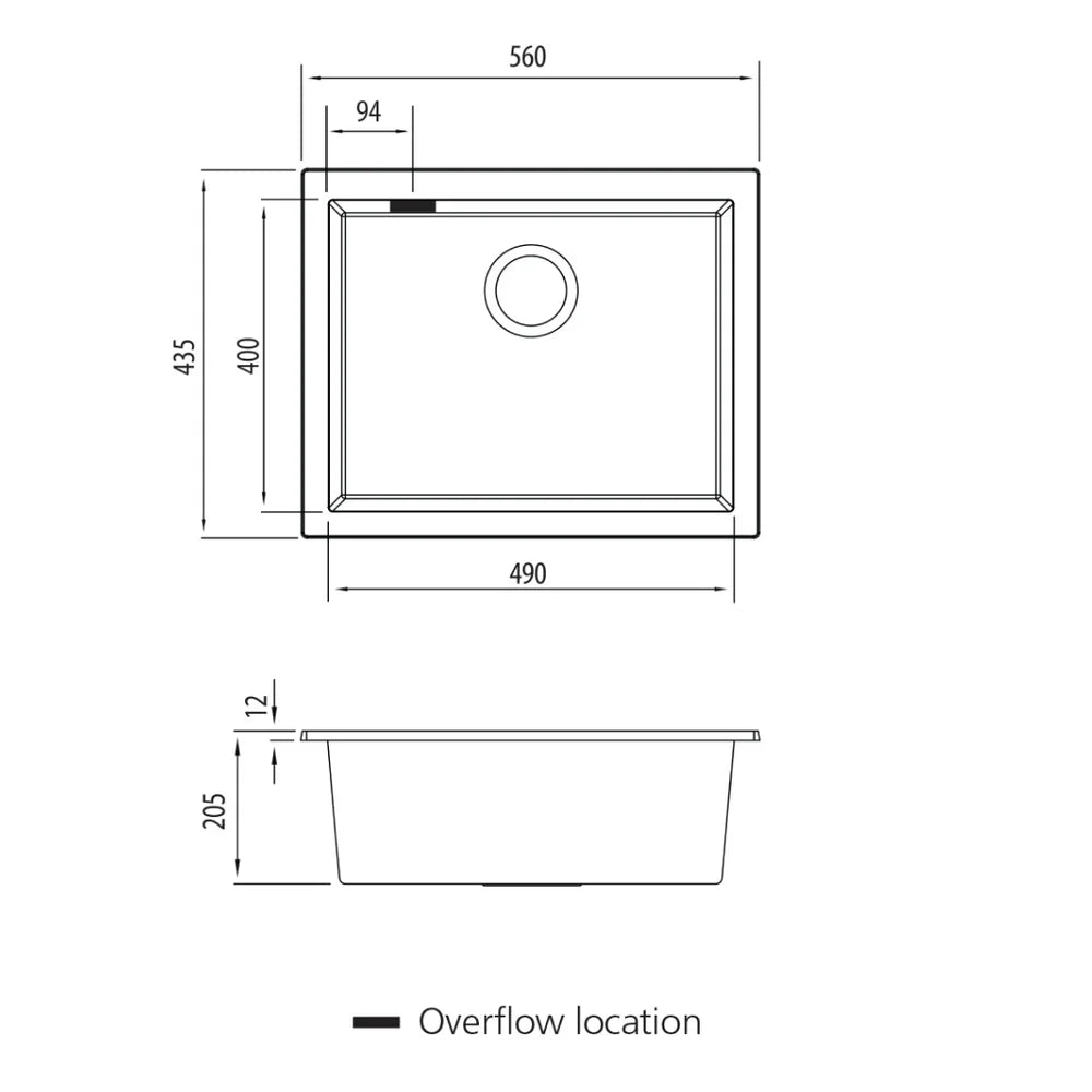 Oliveri Santorini Standard Bowl Sink, Undermount, 338x398mm, with Overflow, Matte Black, ST-MB1530U OF
