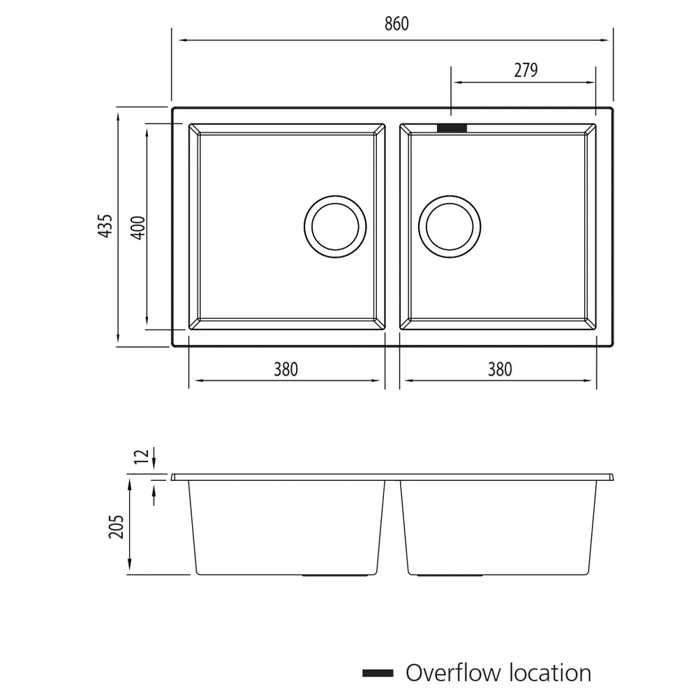 Oliveri Santorini Double Bowl Sink, Undermount, 840x480mm, with Overflow, White, ST-WH1563U OF