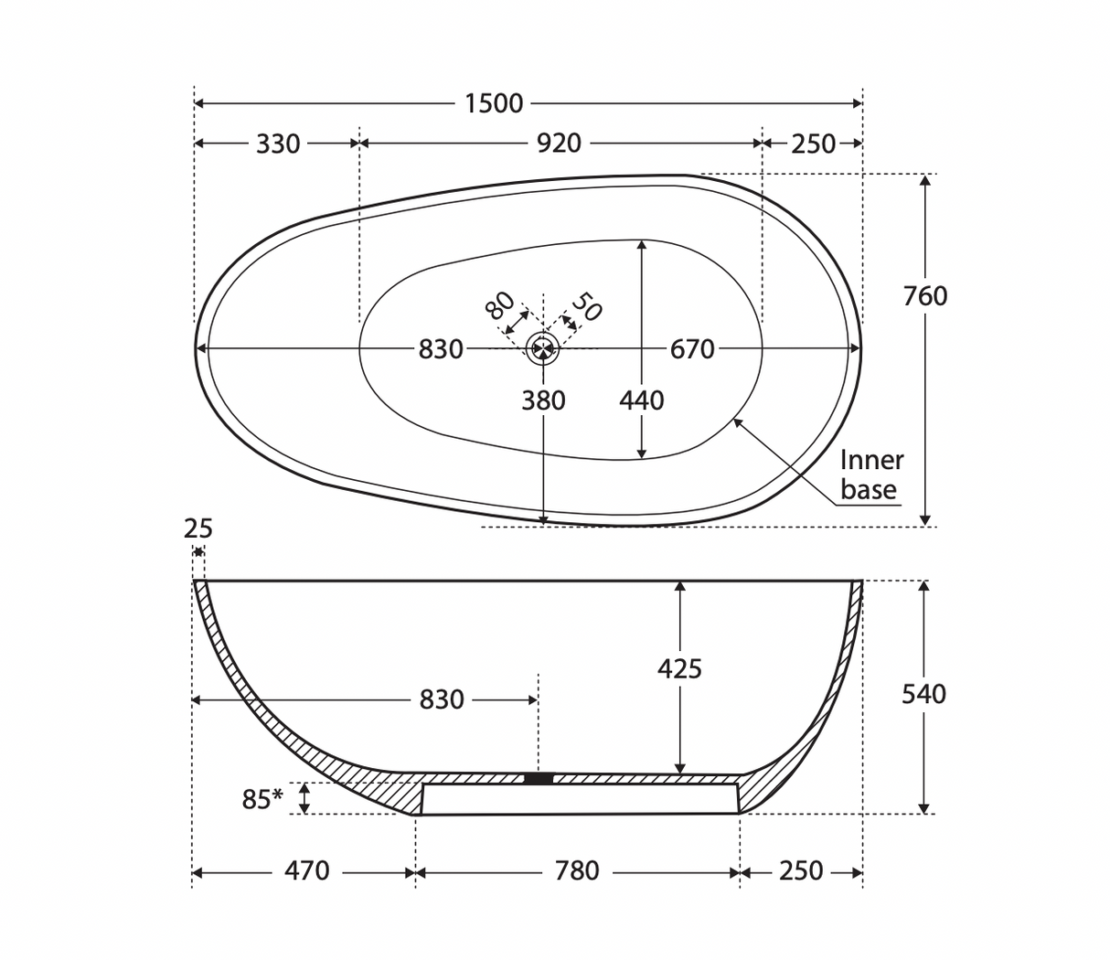 Fienza ST03-1500 Bahama Solid Surface Bath, 1500mm