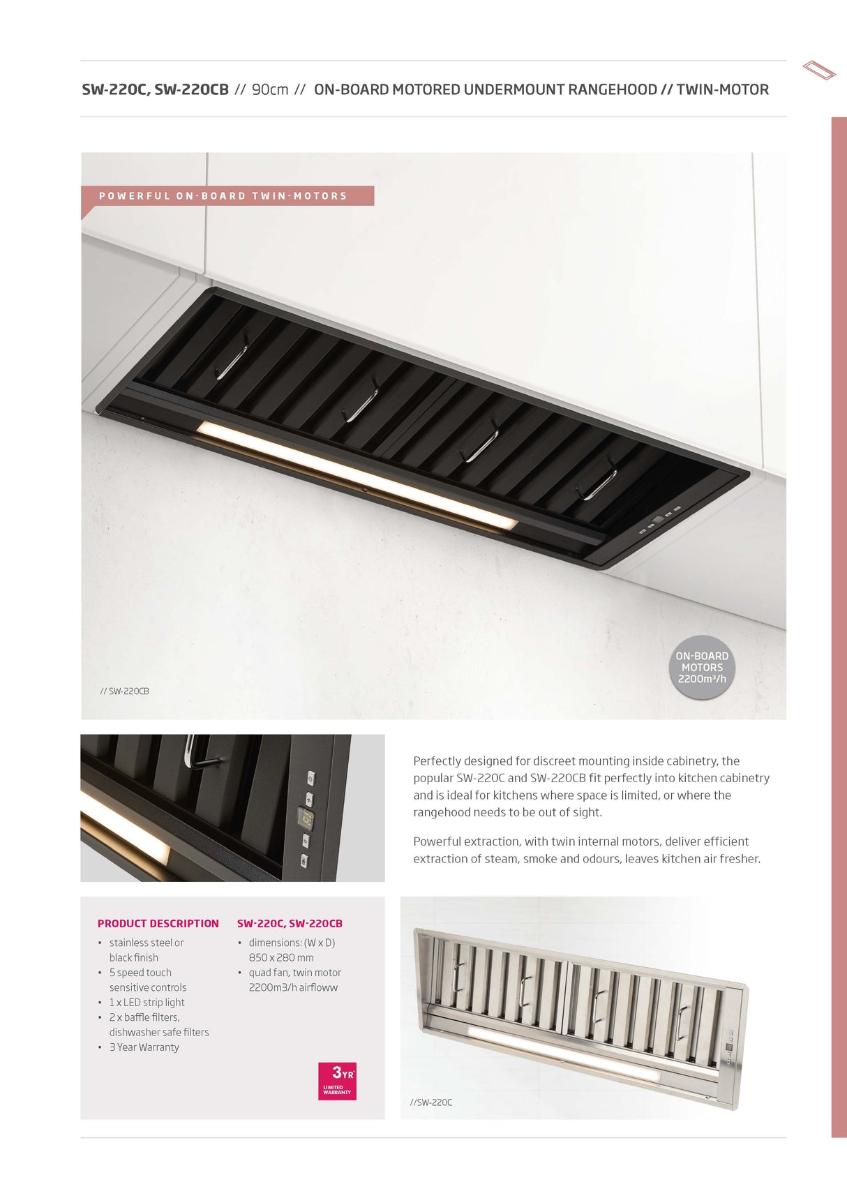 Schweigen SW-220C 90cm Under Mount Rangehood, Stainless Steel, 2200m3/hr
