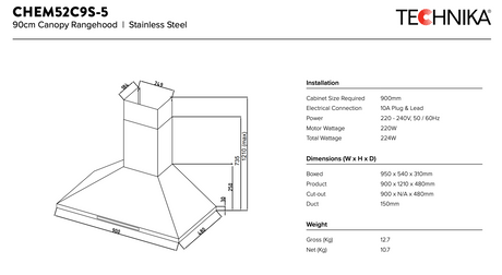 Technika Chem52C9S-5 90Cm High Extraction Rangehood Canopy Rangehoods
