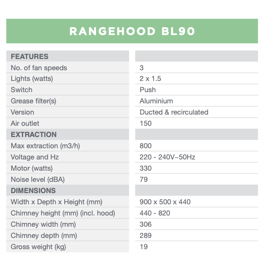 Belling BL90B 90cm Flat Canopy Rangehood