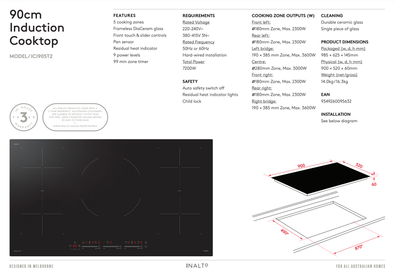 Inalto ICI905T2 90cm Induction Cooktop - Special Order