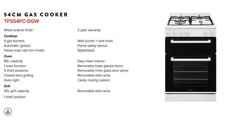 Technika TFS54FC-DGW 54cm White Gas Freestanding Stove