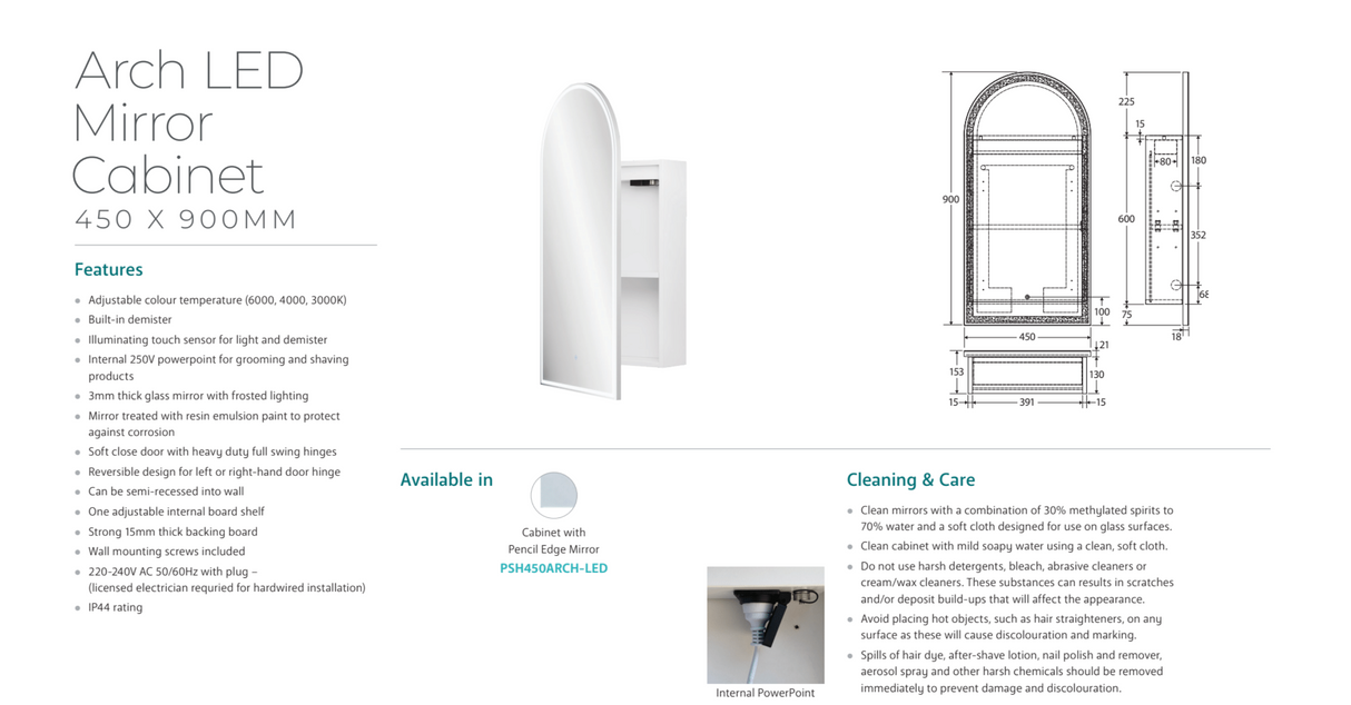 Fienza PSH450ARCH-LED Arch 450 x 900mm Mirror Cabinet