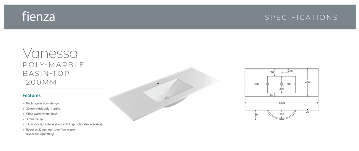 Fienza Vanessa VAN120C 1200mm Fingerpull Vanity on Kickboard, White