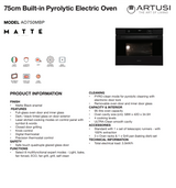 Artusi AO750MBP 75cm Built-in Pyrolytic Oven - Pre Order for Feb 2026