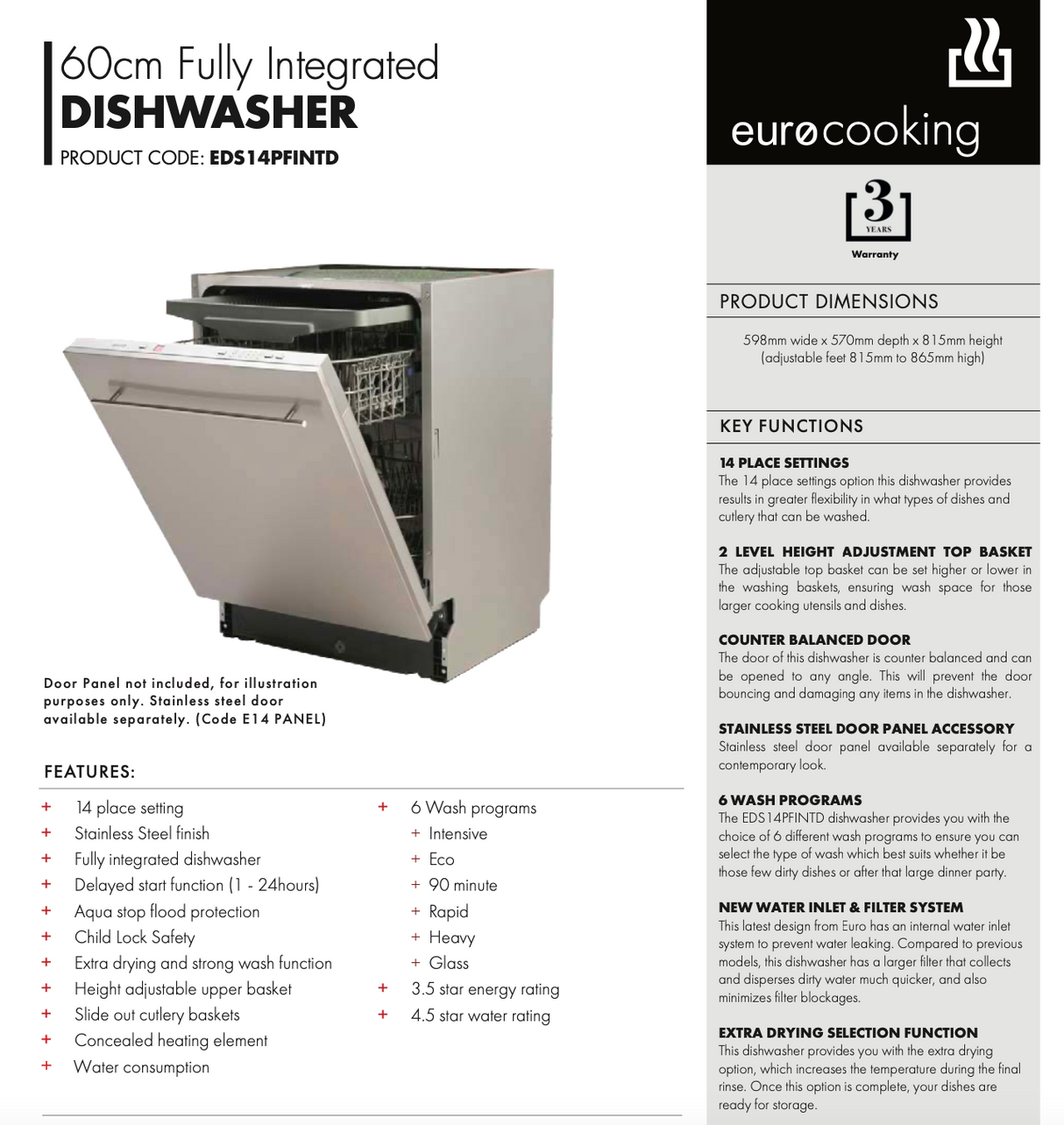 Euro Appliances EDS14PFINTD Built In Dishwasher - Ex Display Discount