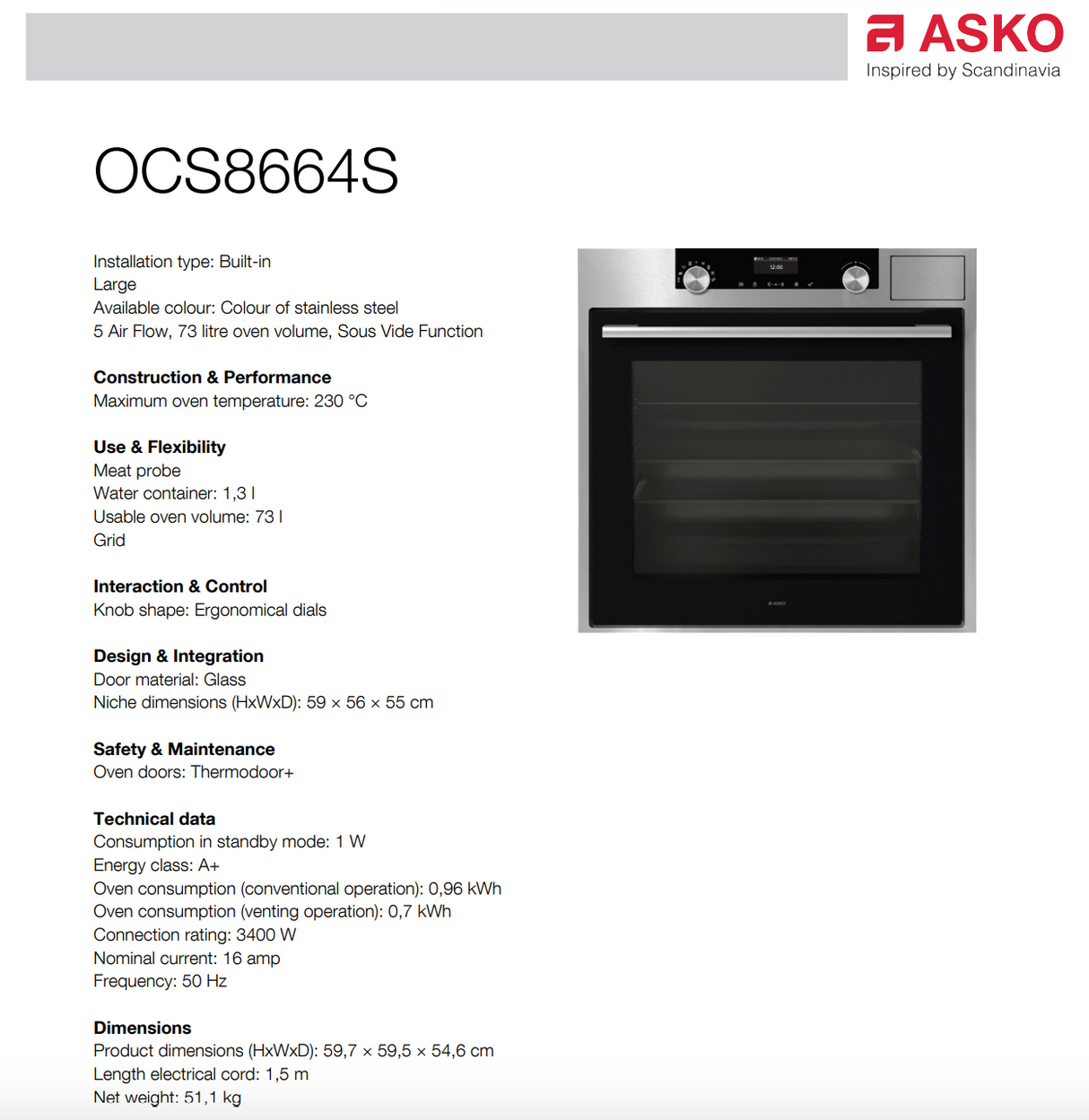 ASKO 60cm Built-In Combi-Steam Oven OCS8664S - Ex Display Discount