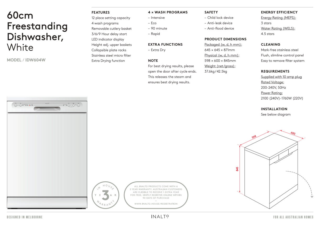 Inalto IDW604W 60cm White Freestanding Dishwasher