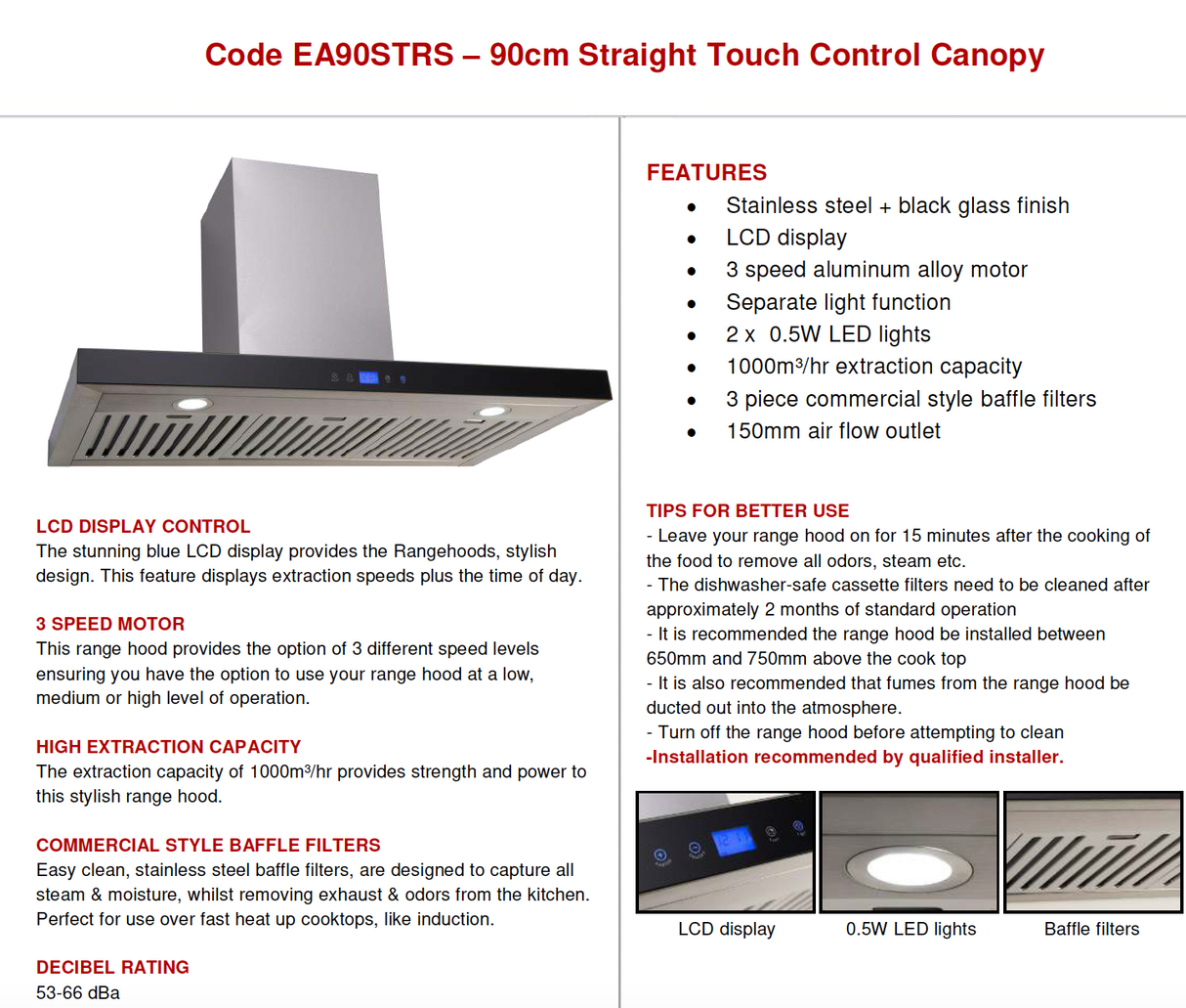 Euro Appliances EA90STRS 90cm Straight Touch Control Canopy - Ex Display Discount - Next Day Availability