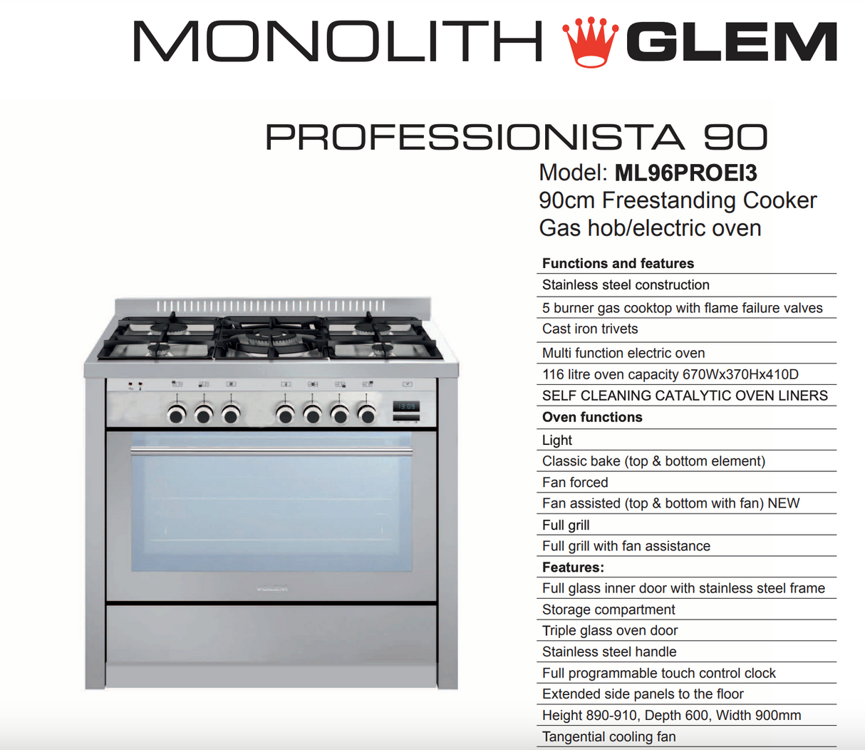 Glem ML96PROEI3 90cm Dual Fuel Freestanding Oven/Stove - Ex Display Discount