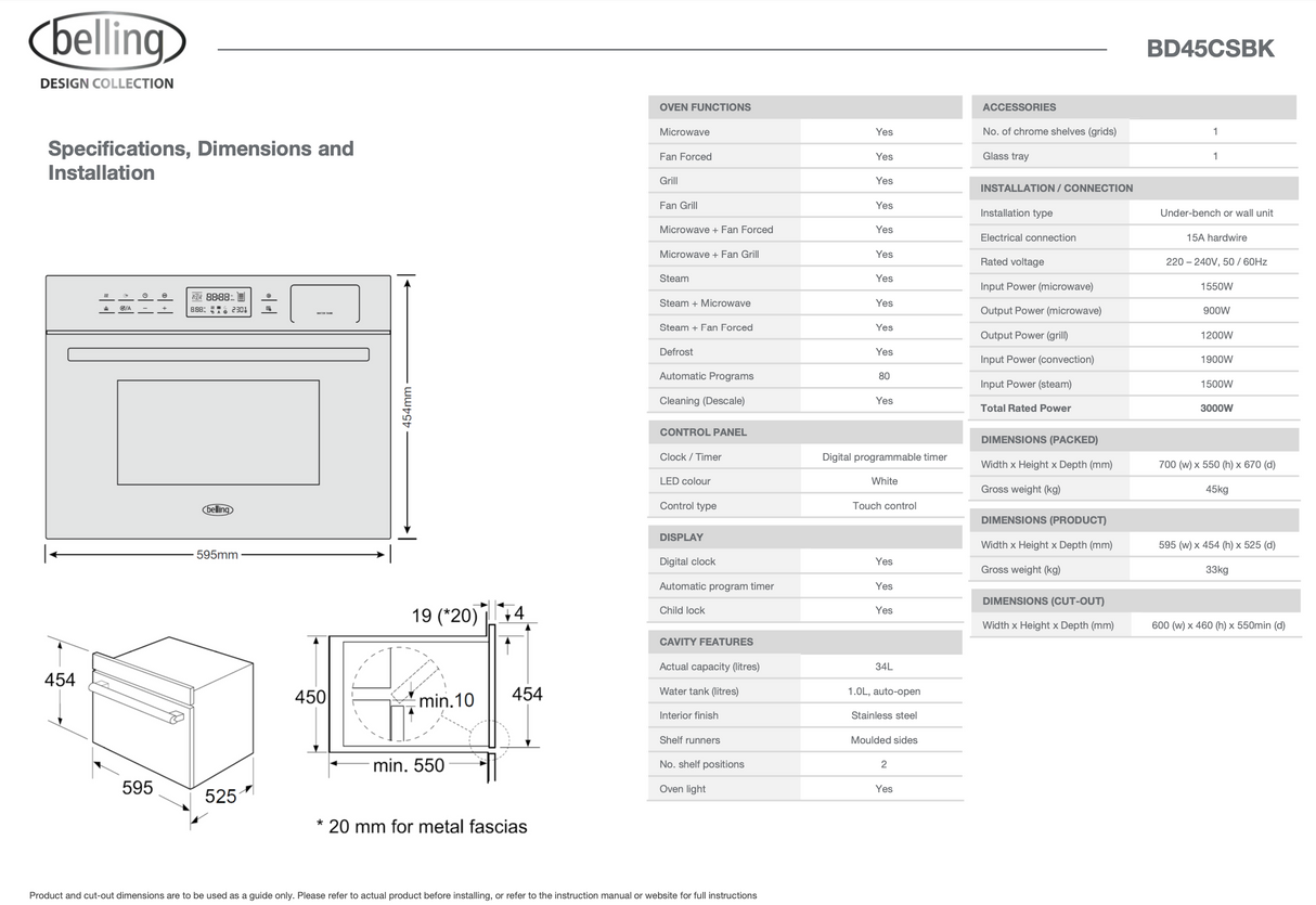 Belling BD45CSBK Combination Steam and Microwave Oven