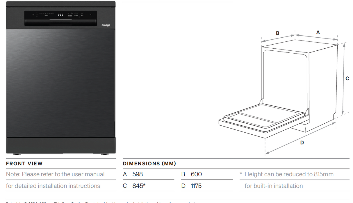 Omega ODWF6015BXCOM 60cm Dark Steel Freestanding Dishwasher