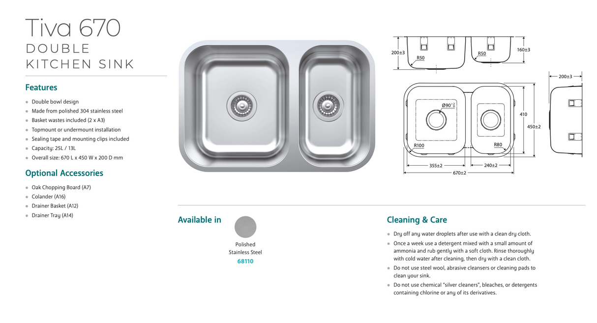 Fienza Tiva 670 Double Kitchen Sink – Polished 304 Stainless Steel | 68110