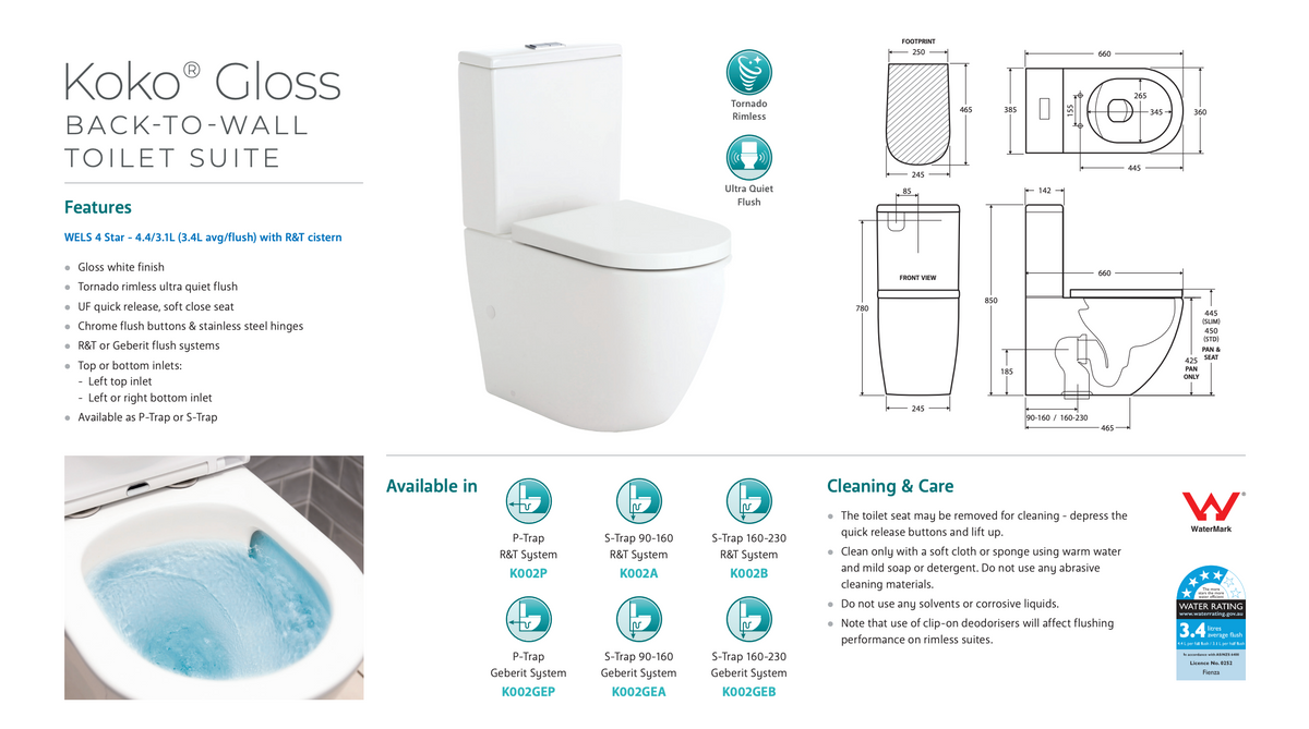 Fienza K002A Koko S-Trap 90-160mm Toilet Suite, White - Chrome Buttons