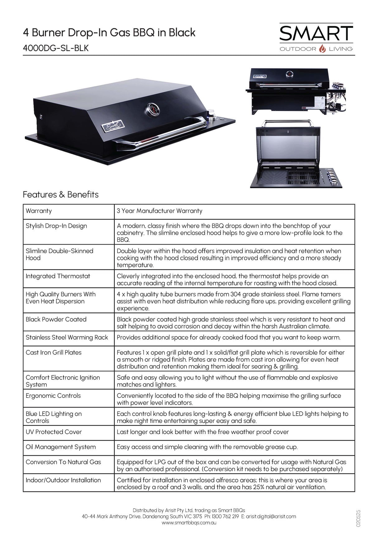Smart 4000DG SL-BLK Four Burner Drop-In BBQ in Black