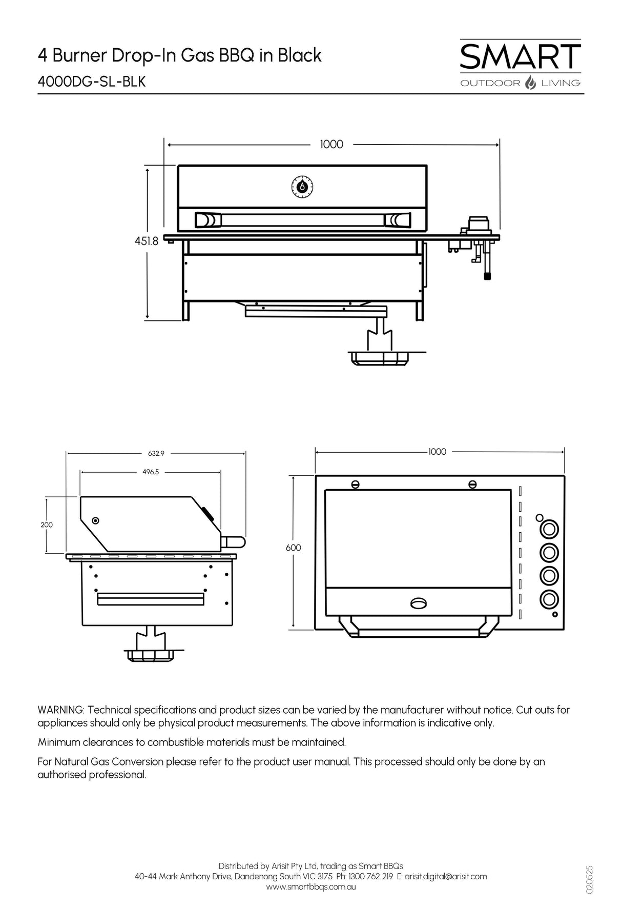 Smart 4000DG SL-BLK Four Burner Drop-In BBQ in Black