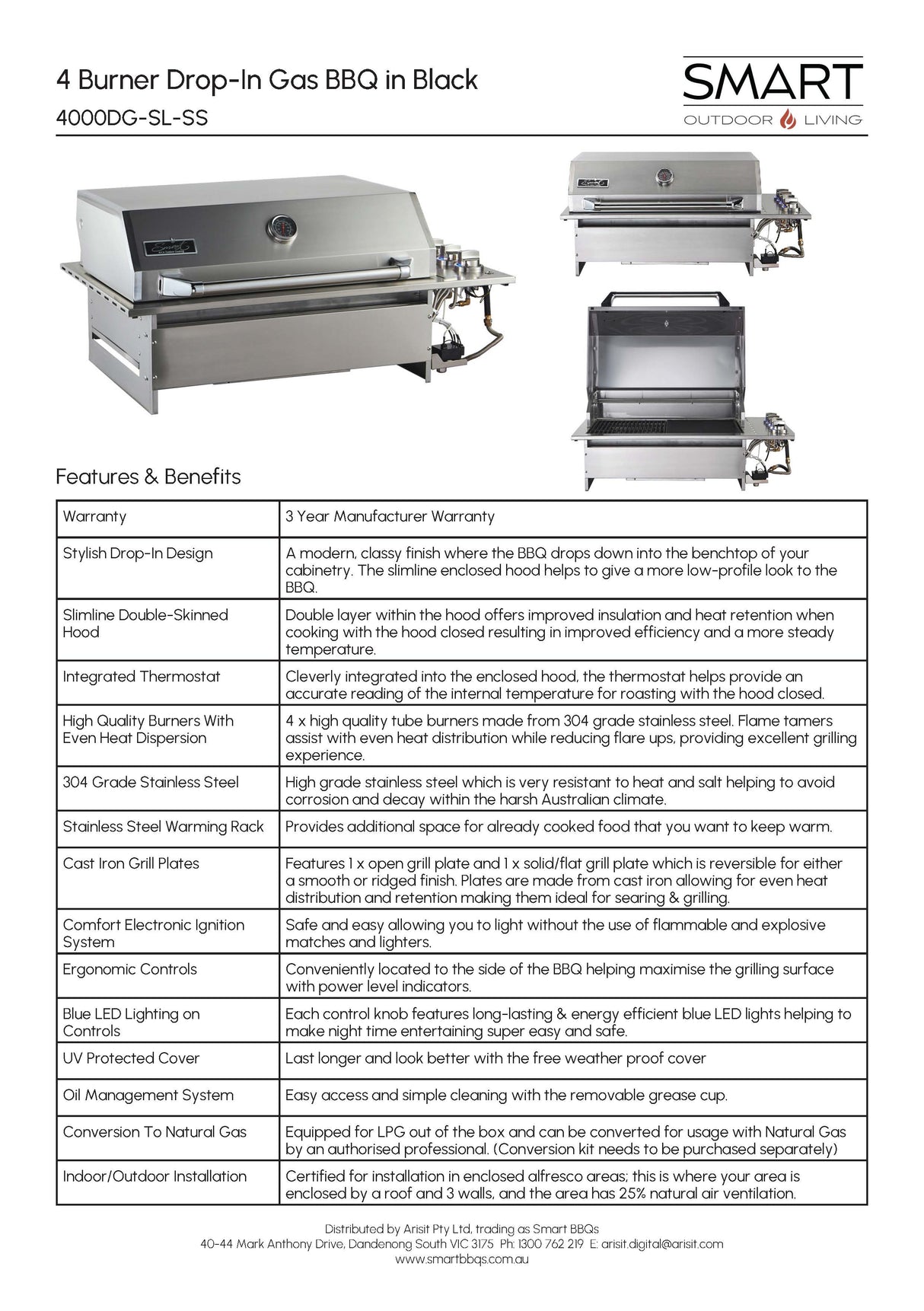 Smart 4000DG SL-SS Four Burner Drop-In BBQ in Stainless Steel