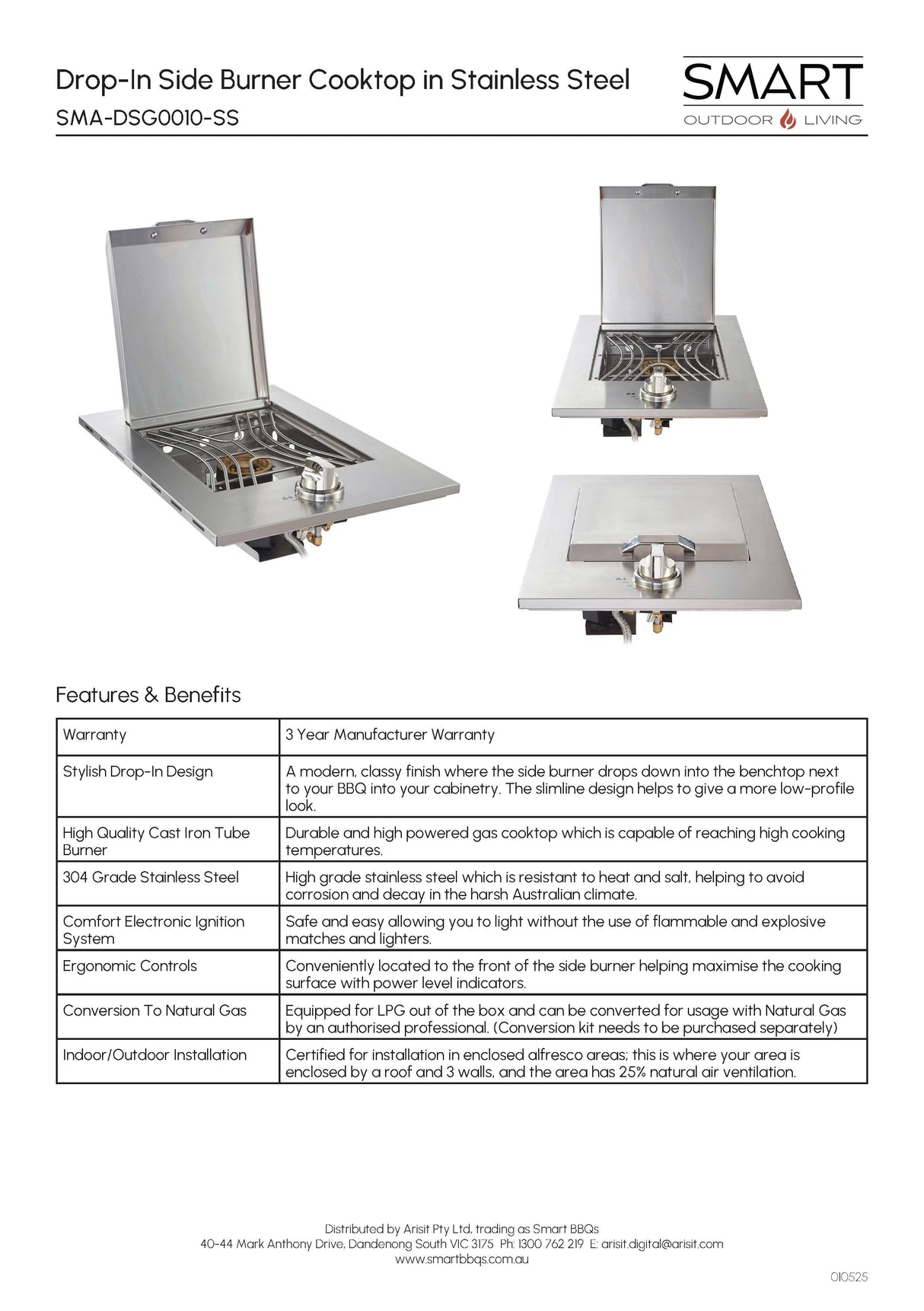 Smart SMA-DSG0010-SS Drop-In Side Burner Gas BBQ Cooktop in Stainless Steel