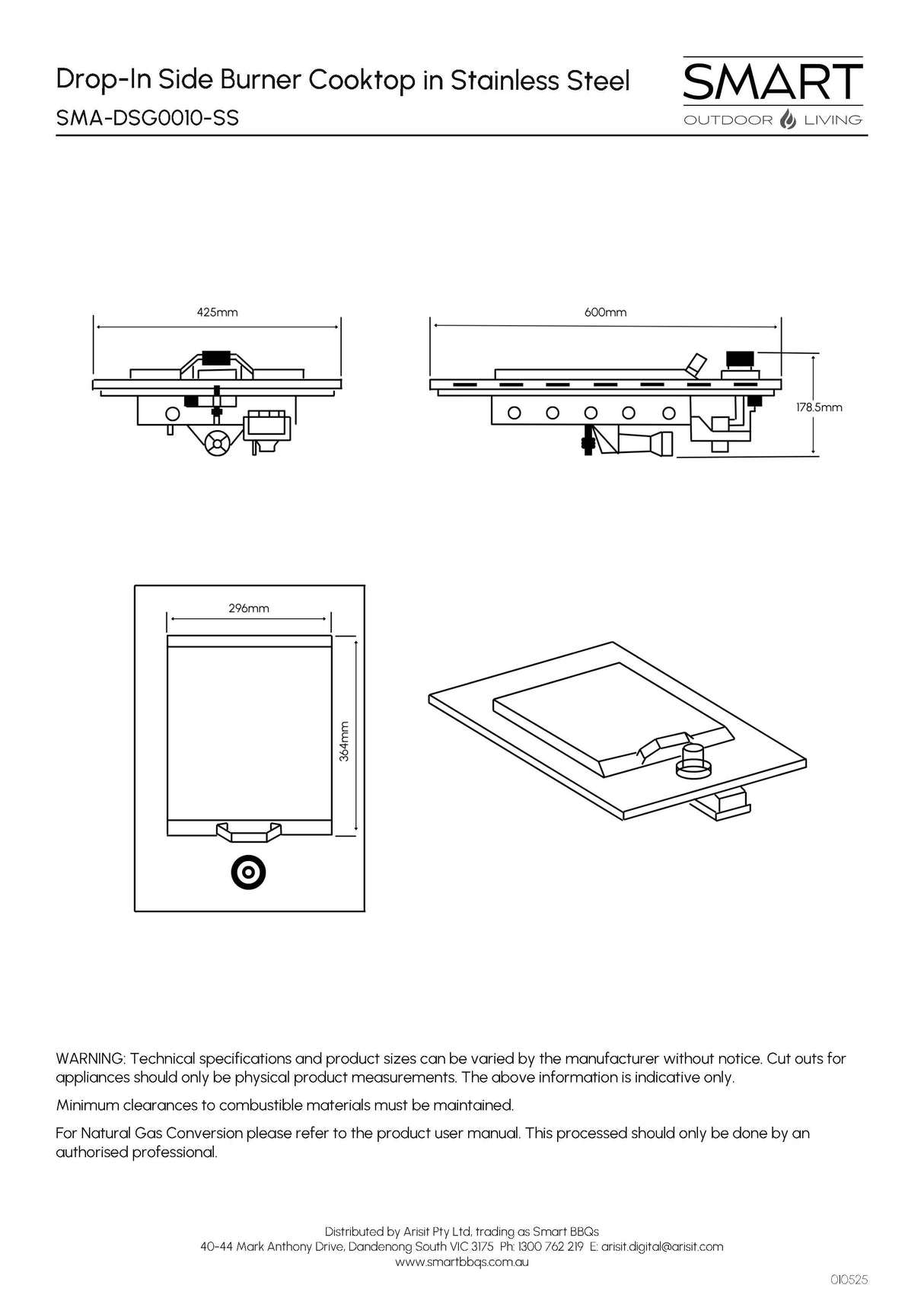 Smart SMA-DSG0010-SS Drop-In Side Burner Gas BBQ Cooktop in Stainless Steel