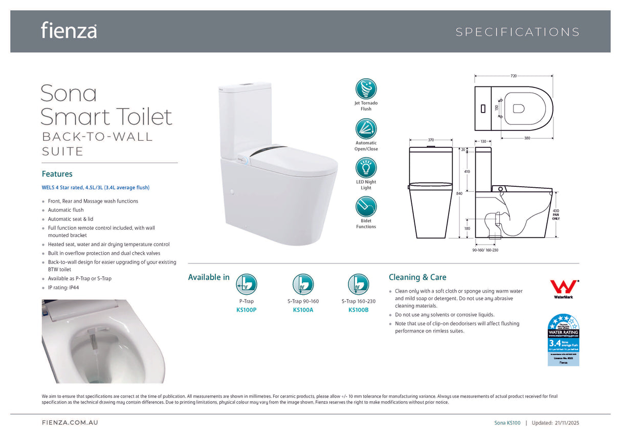 Fienza KS100P Sona Smart Toilet & Bidet, P-Trap, White