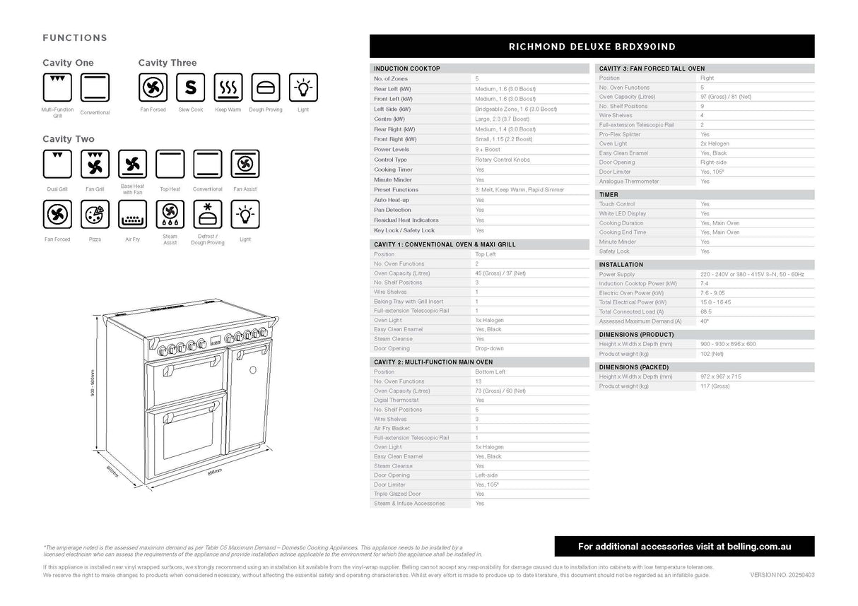 Belling BRDX90INDAN Richmond Deluxe 90cm 5 Zone Induction Range Cooker - Anthracite