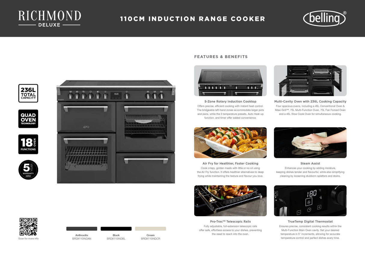 Belling BRDX110INDBL Richmond Deluxe 110cm 5 Zone Induction Range Cooker - Black