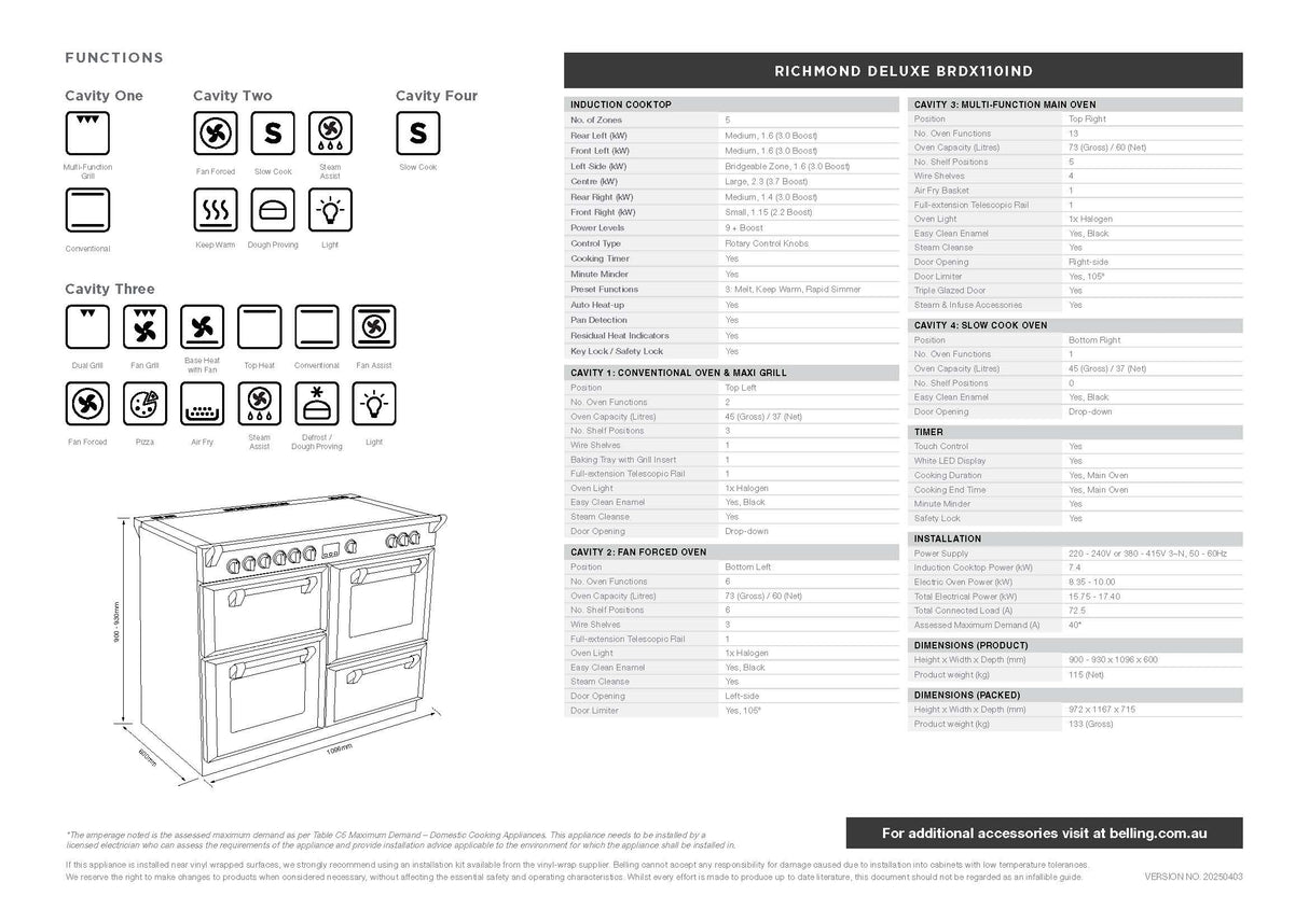 Belling BRDX110INDBL Richmond Deluxe 110cm 5 Zone Induction Range Cooker - Black