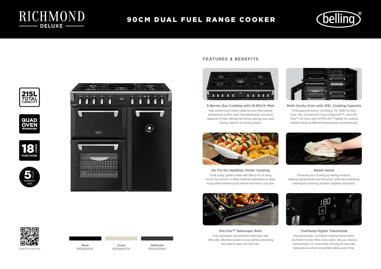 Belling BRDX90DFAN 90cm Richmond Deluxe Dual Fuel Freestanding Oven, Split Ovens, Anthracite