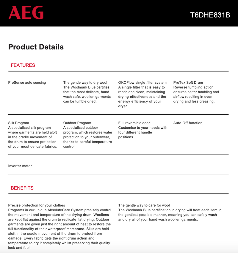 AEG T6DHE831B 8kg 6000 Series 3D SENSIDRY Heat Pump Dryer - AEG Cosmetic Seconds Discount