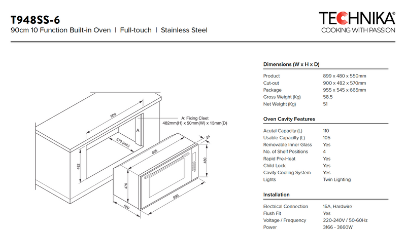 Technika T948SS-6 90cm Electric Built in Oven
