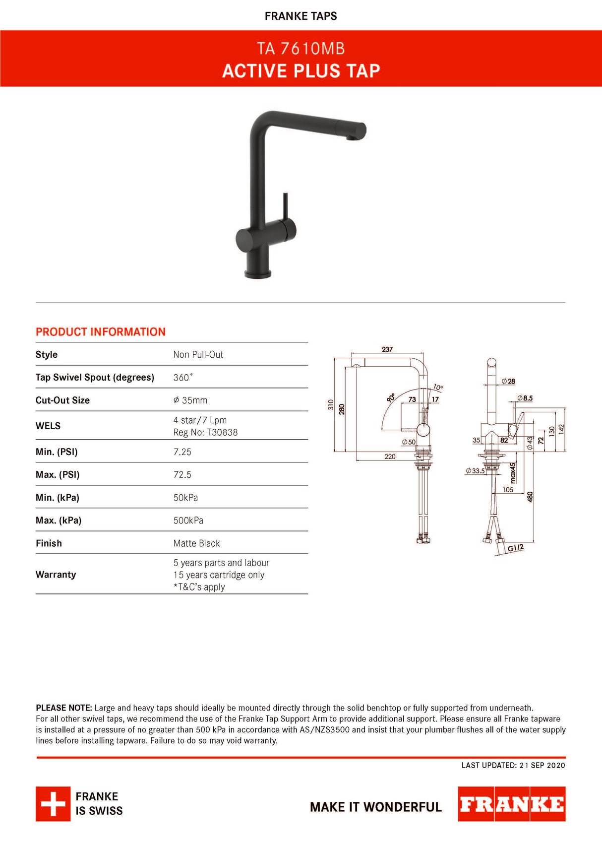 Franke TA7610MB Active L-Shape Mixer Tap, Matt Black