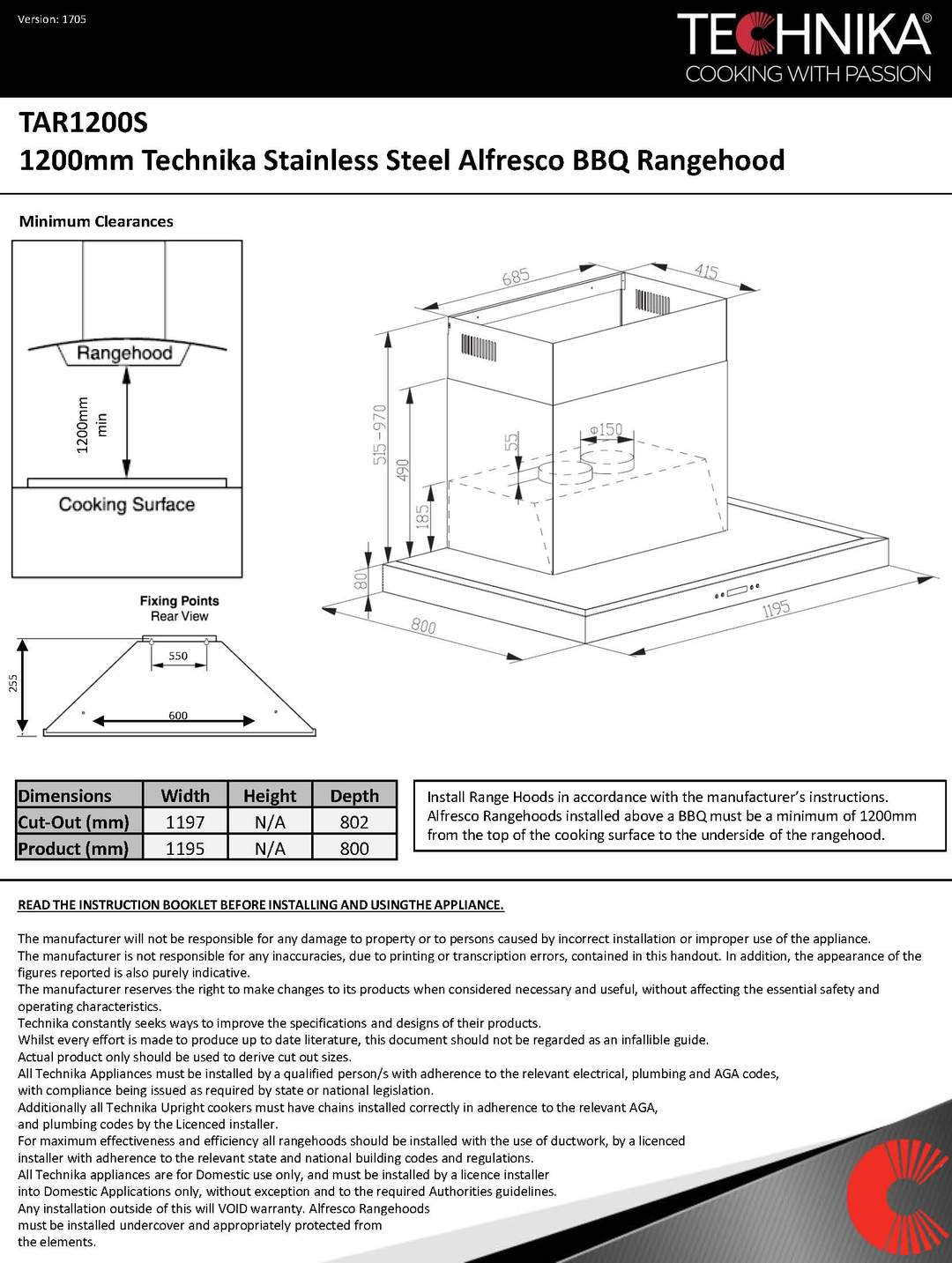 Technika Tar1200S 120Cm Outdoor Bbq Canopy Rangehood Rangehoods