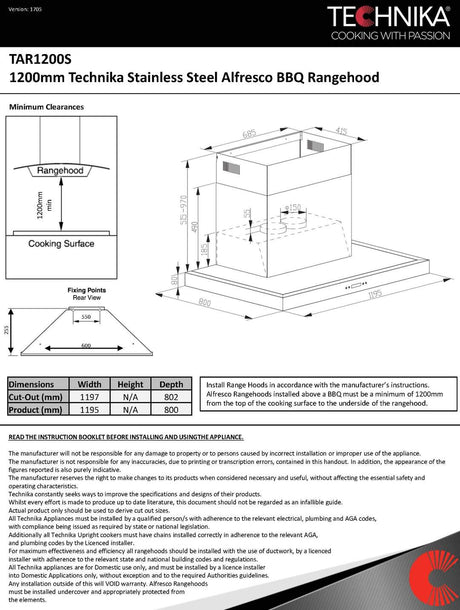Technika Tar1200S 120Cm Outdoor Bbq Canopy Rangehood Rangehoods