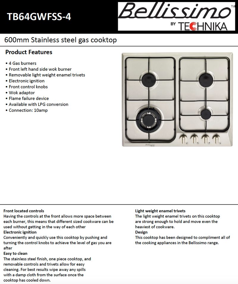 Technika TB64GWFSS-4 4 Burner Stainless Steel Gas Cooktop