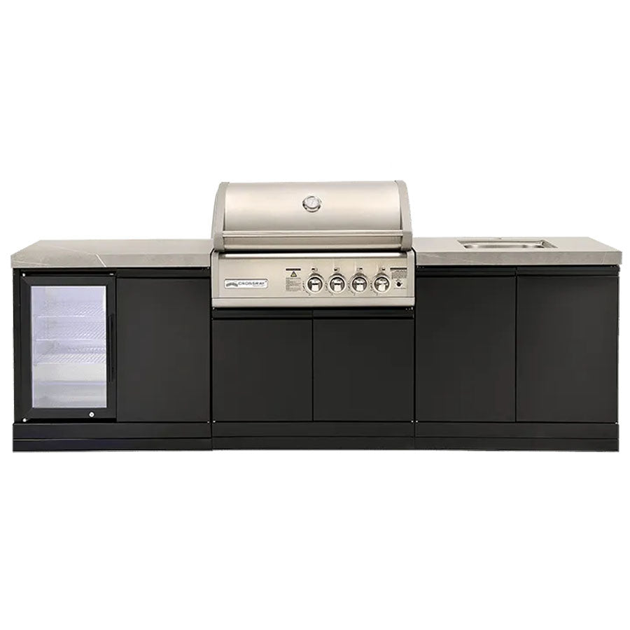 Crossray TC4K-08 Four Burner Gas BBQ Outdoor Kitchen with Drinks Fridge & Sink, Grey Top