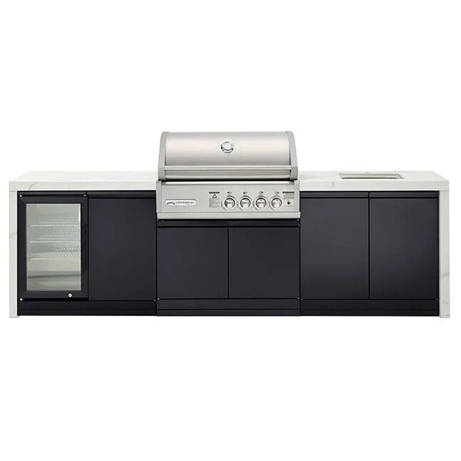 Crossray TC4KP-14 Premium Four Burner Gas BBQ Outdoor Kitchen with Drinks Fridge & Sink, White Top