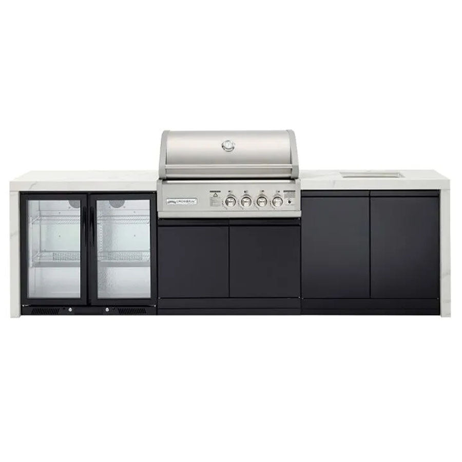 Crossray TC4KP-16 Premium Four Burner Gas BBQ Outdoor Kitchen with Double Drinks Fridge & Sink, White Top