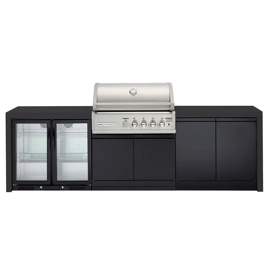 Crossray TC4KP-21 Premium Four Burner Gas BBQ Outdoor Kitchen with Double Drinks Fridge, Black Top