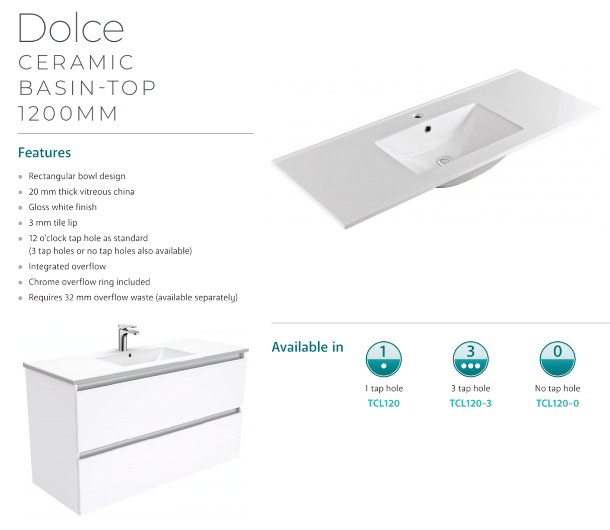 Fienza Dolce Tcl120C 1200Mm Fingerpull Vanity On Kickboard White - Special Order Units