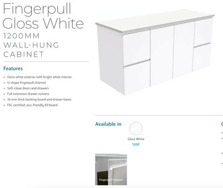 Fienza Dolce Tcl120F 1200Mm Fingerpull Wall Hung Vanity White - Special Order Units